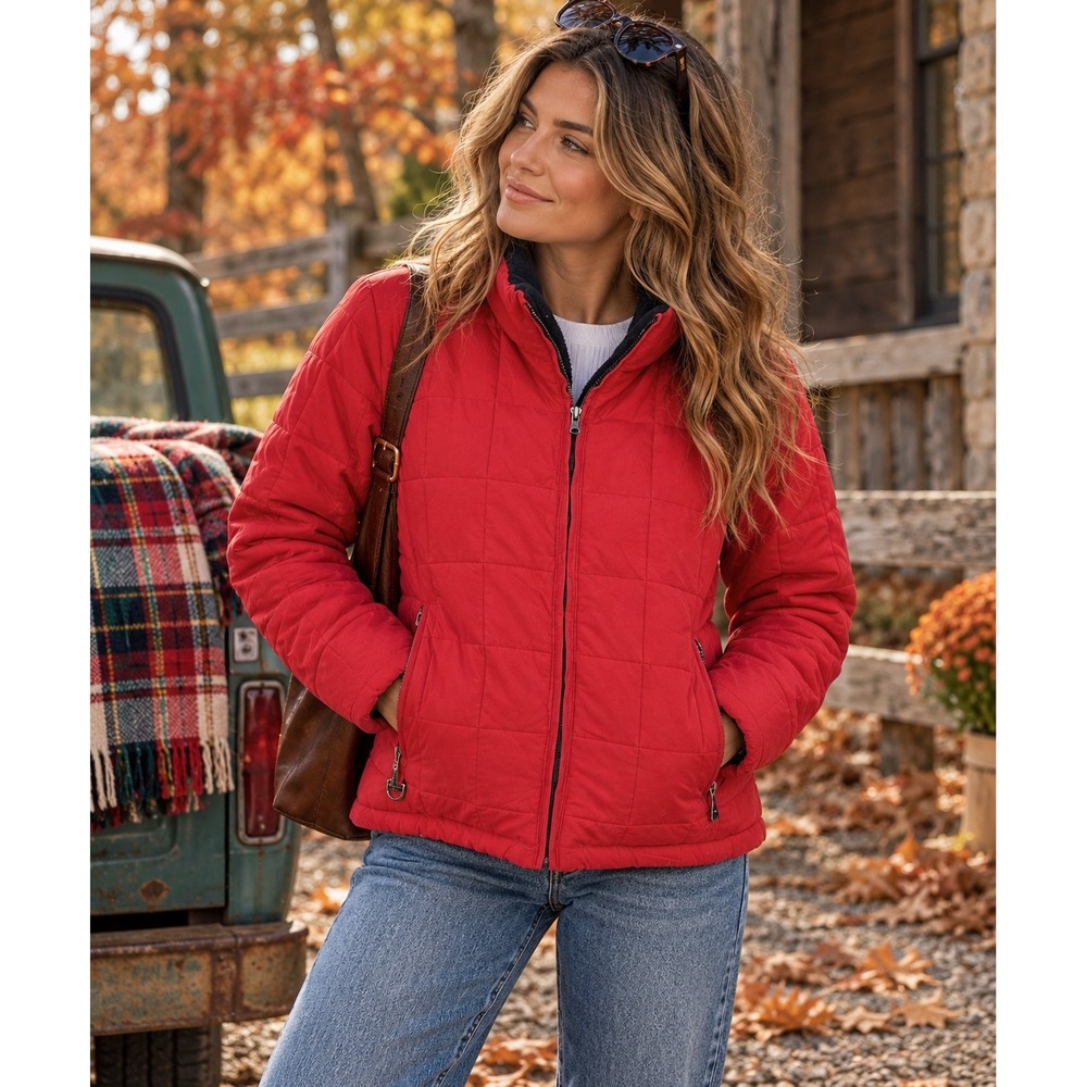 Liz Claiborne Red Quilted Puffer Jacket Down Fill Fleece Lined Mock Neck Medium